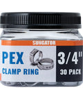 30 Pack 3/4 Inch Pex Crimp Rings Stainless Steel Cinch Clamps shown in a clear container with label