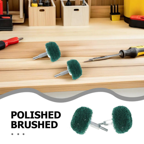 Heavy Duty Abrasive Buffing Wheels Nylon And Stainless Steel Mushroom Shaped Drill Polishing Bit Shank for automotive repair, two buffing wheels on wooden surface.