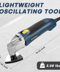 Heavy Duty Corded Oscillating Multi Tool With Universal Fit Base And 200W 1.6A Motor on a white surface, weighing 3.08 lbs.