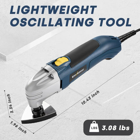 Heavy Duty Corded Oscillating Multi Tool With Universal Fit Base And 200W 1.6A Motor on a white surface, weighing 3.08 lbs.