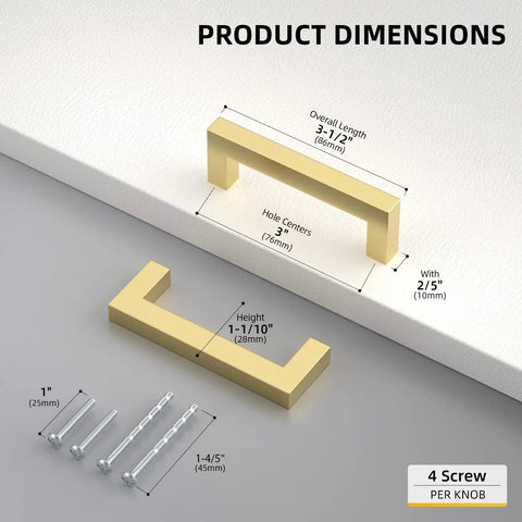 Product dimensions of 20 Pack 3 Inch Gold Cabinet Handles Brushed Brass Dresser Pulls Solid Square Bar Drawer Knobs set with screws