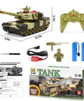 1:28 Scale RC Battle Tank For Kids 6 To 12 Kid Friendly With 2.4GHz Remote, 7 Channel Control, realistic lights and sounds, includes toy soldier, charger, rechargeable batteries, and instruction manual.