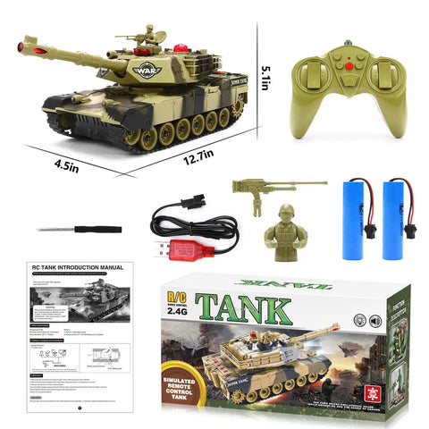 1:28 Scale RC Battle Tank For Kids 6 To 12 Kid Friendly With 2.4GHz Remote, 7 Channel Control, realistic lights and sounds, includes toy soldier, charger, rechargeable batteries, and instruction manual.
