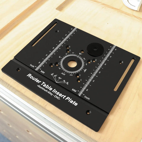 Built Tough Anodized Aluminum Router Insert Plate With Dead On Miter Grooves for electric routers on workbench.