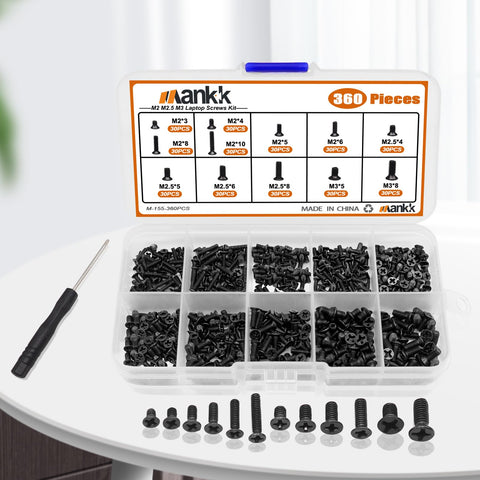 360 Piece Laptop Screws Kit with 12 Sizes M2 M2.5 M3 Replacement Tiny Screws displayed with case and screwdriver