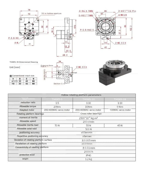 Dimensional drawing of Heavy Duty Precision Hollow Rotary Platform Gearbox with design specifications for automation use.