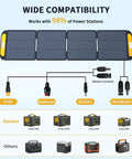 Diagram of 200W Foldable Solar Panel Kit With Stand For Power Stations, 19V Output, showcasing wide compatibility and connectors.