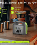 Portable Power Station 150W 155Wh With 110V AC Outlet Six Outputs External Battery Pack on kitchen counter.