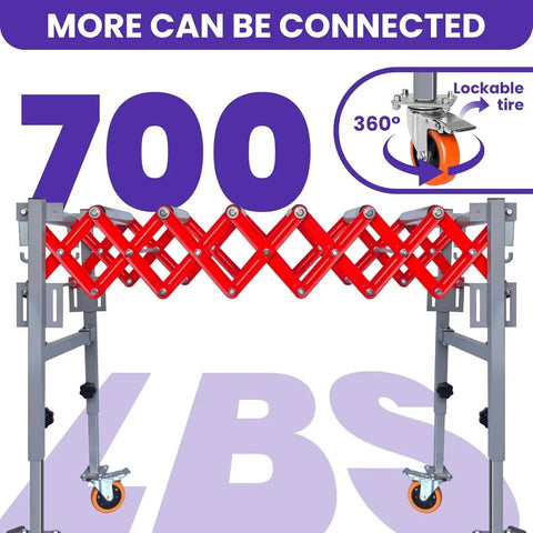 Adjustable Roller Conveyor System With 700 Lbs Capacity showing 360° lockable wheels and foldable design