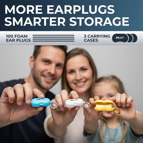 Family holding carrying cases with small ear plugs for sleep ultra soft foam for small ears with 32 decibel noise reduction
