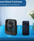 Slick Magnetic Travel Cooling Fan Built Tough For Cruise Cabins And Beach Vacations Upgraded Rechargeable, 6.2" size, portable design next to a smartphone.
