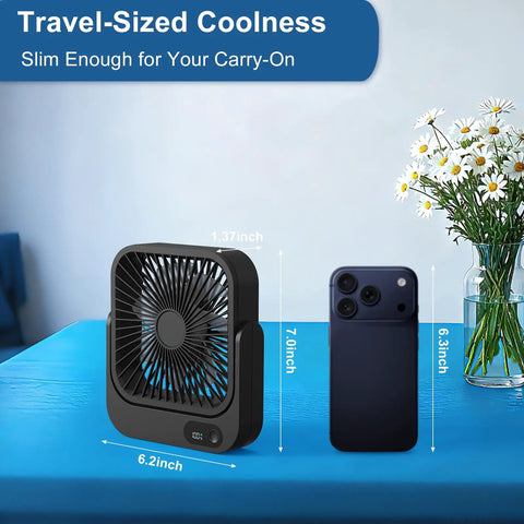 Slick Magnetic Travel Cooling Fan Built Tough For Cruise Cabins And Beach Vacations Upgraded Rechargeable, 6.2" size, portable design next to a smartphone.