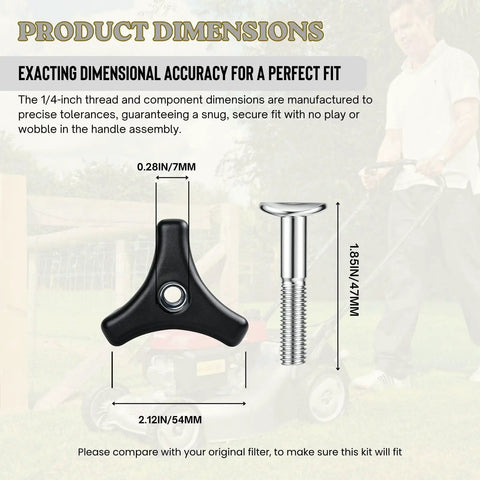 Universal Lawn Mower Handle Screws And Knobs Kit dimensions with triangle fastener, 2.12in wide, shown with mower in background.