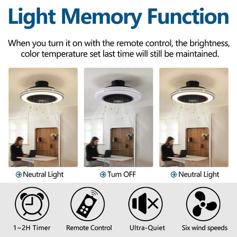 Bladeless 21 Inch Ceiling Fan With Remote Control And Light Kit showcasing light memory function in bedroom settings.