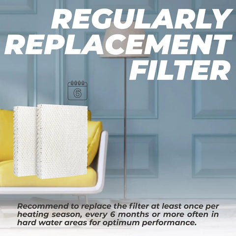 45 Water Panel Humidifier Filter Replacement For 400 Series Humidifiers shown next to replacement frequency image, regular replacement text.
