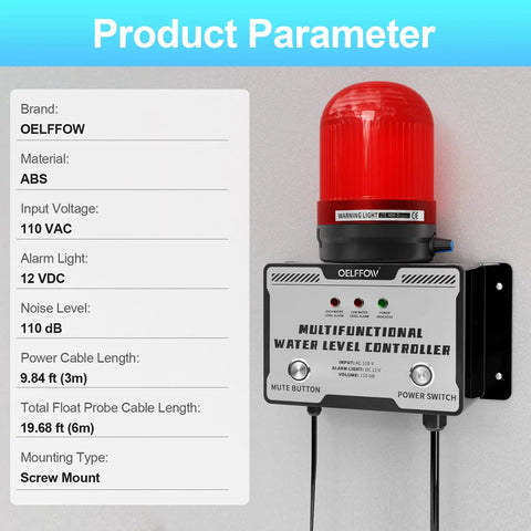 Heavy Duty 110V Water Level Alarm With High Low Detector 110dB Siren And Light Outdoor Rated Water Level Monitor
