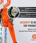 Front view of VEVOR manual lever chain hoist, 3-ton capacity, orange galvanized steel with Weston double-pawl brake.