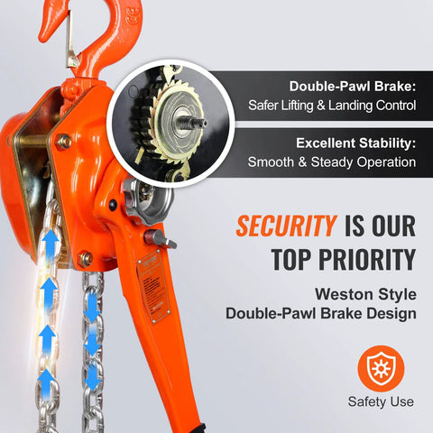 Front view of VEVOR manual lever chain hoist, 3-ton capacity, orange galvanized steel with Weston double-pawl brake.