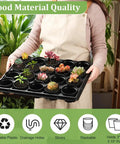 3 Inch Plastic Plant Pots Set With 100 Pots And 5 Pcs 20 Cell Seed Starter Trays held by a person showcasing succulents and seed trays.