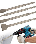 Beefy SDS Plus Tile Chisel Set with four 40CrMo chisel bits, flat, pointed, and tile chisels for concrete demolition and thinset removal.