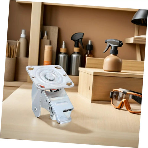 Rugged Steel Swivel Caster Bracket With Locking Brake And Four Inch Wheels For Heavy Machinery and Dang Massive Industrial Loads on workbench