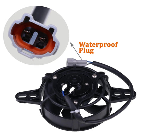 Badass 4 Inch Universal Motorcycle Radiator Cooling Fan Electric Water And Oil Cooler For Dirt Bike Atv Motocross 12 Volt 300 Cfm Waterproof Plug close-up of waterproof plug details.