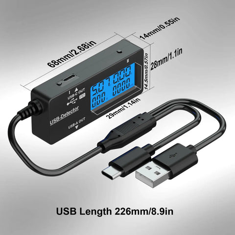 Variable Backlight USB Tester With LCD Display And USB C And USB A Multimeter, Voltmeter Amp Power Meter Battery Capacity Tester Internal Resistance And Battery Level Indicator For Laptop Tablet Phone Power Bank, black 68mm device