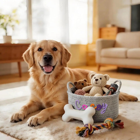 Golden retriever next to Must Have Personalized Dog Toy Storage Basket With Name Custom Pet Bin filled with stuffed toys