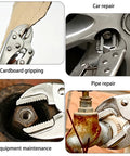 4 Inch Locking Pliers With Curved Jaw And Wire Cutter in use for cardboard gripping, car and pipe repair, and equipment maintenance