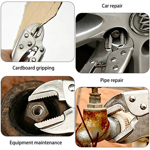 4 Inch Locking Pliers With Curved Jaw And Wire Cutter in use for cardboard gripping, car and pipe repair, and equipment maintenance