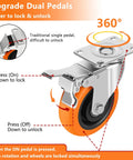 Heavy duty caster wheels with brakes featuring dual pedal locking for easy control and maneuverability on various surfaces.