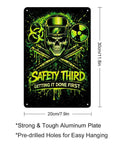 Safety Third Aluminum Sign 8x12 Vertical Poster Built Tough Rustproof Metal Art with skull design for man cave decor