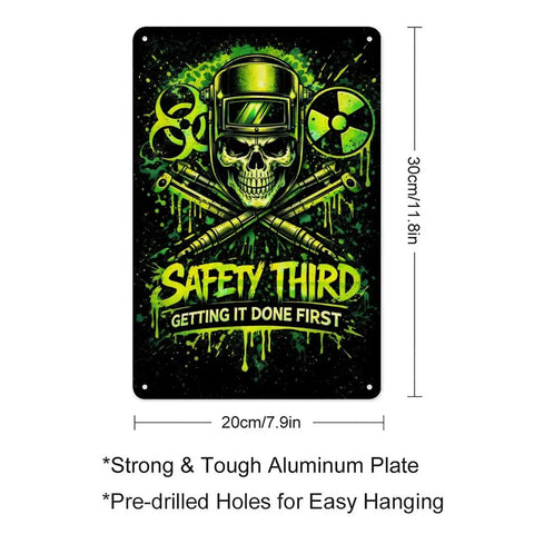 Safety Third Aluminum Sign 8x12 Vertical Poster Built Tough Rustproof Metal Art with skull design for man cave decor
