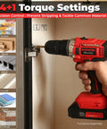 Powerhouse 21V Max Cordless Drill Driver Kit With Dual Batteries And Fast Charger 26 Accessories In Sturdy Case 30Nm Torque 2 Speed 24 1 Clutch 3 8 Inch Keyless Chuck Compact Electric Drill For Home Improvement And DIY Projects, shown drilling a cabinet hinge bolt.