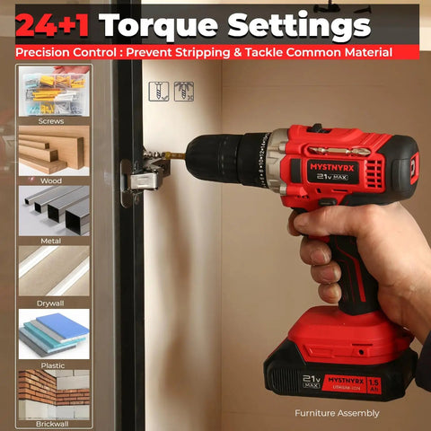 Powerhouse 21V Max Cordless Drill Driver Kit With Dual Batteries And Fast Charger 26 Accessories In Sturdy Case 30Nm Torque 2 Speed 24 1 Clutch 3 8 Inch Keyless Chuck Compact Electric Drill For Home Improvement And DIY Projects, shown drilling a cabinet hinge bolt.