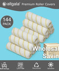 Professional Grade 9 Inch Paint Roller Covers 144 Case Pack Heavy Duty Zero Fuzz Lint Free 1/2 In Nap Sleeves stacked on blue background.