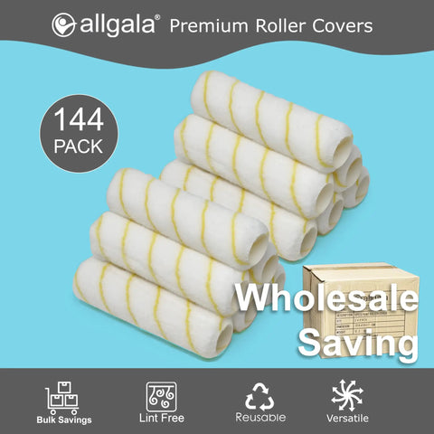 Professional Grade 9 Inch Paint Roller Covers 144 Case Pack Heavy Duty Zero Fuzz Lint Free 1/2 In Nap Sleeves stacked on blue background.