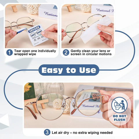 Front view: 500-count pre-moistened eyeglass lens wipes in individually wrapped packets for glasses and sunglasses.