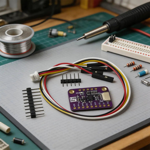 Dope 6DoF IMU Module With Accelerometer And Gyroscope For Wearables And Motion Sensing, Real Time Vibration Analysis, Tap Wake Up Detection, I2C SPI And I3C Interfaces, Tiny Yet Mighty Sensor Board For Projects on purple PCB with jumper wires