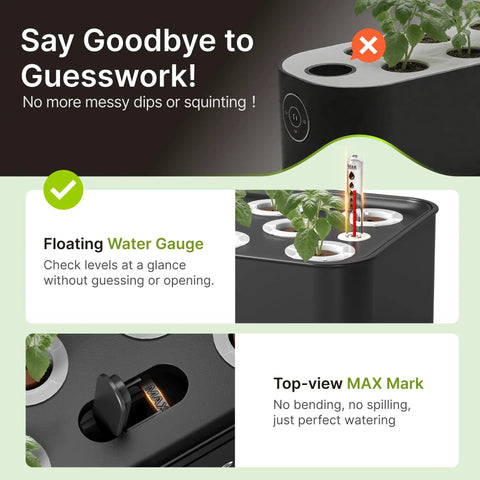 Indoor Hydroponics Garden System With 12 Pods And 24W LED Grow Light showing floating water gauge and max mark in black