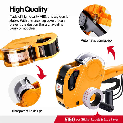 Price Tag Gun Kit With 8 Digit Display, 5150 White Labels, Yellow Rectangular Paper Tags 21x12 Mm, One Touch Open System