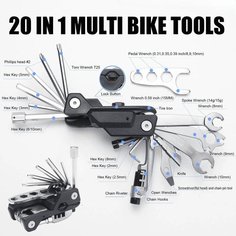 Bike Multi Tool 20 In 1 Portable Repair Kit for MTB and Road Cycling with hex wrenches and chain tool, labeled parts visible
