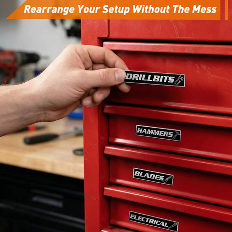 Built Tough Metal Magnetic Tool Box Labels Set for Heavy Duty Tool Chests, Drawer Organization and Garage Storage, Premium Magnetic Labels for Tool Box Accessories Black Finish installed on red tool chest drawers.