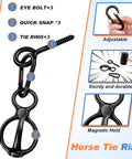 Three Set Stainless Steel Horse Tie Rings With Eye Bolts And Snaps Safe Restraint Gear For Daily Tack Use black details