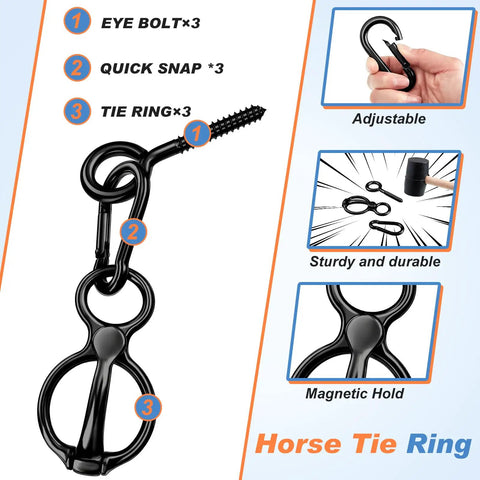 Three Set Stainless Steel Horse Tie Rings With Eye Bolts And Snaps Safe Restraint Gear For Daily Tack Use black details