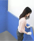 Heavy Duty Self Adhesive Acoustic Foam Panels For Home Studio And Man Cave Noise Reduction Sound Dampening Blue Peak Pyramid Egg Crate Soundproof Padding Roll With High Density Insulation Moisture Barrier for wall application.
