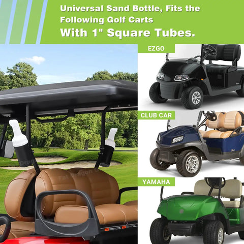 Universal Golf Cart Sand Bottle With A Tight Secure Holder Featuring Hassle Free No Drill Install And One Inch Square Tube Mount for EZGO, Club Car, and Yamaha.