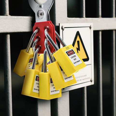 10 Pack Lockout Tagout Locks With Unique Keys Per Lock Yellow Padlocks For Lockout Tagout Stations And Devices installed on a gate