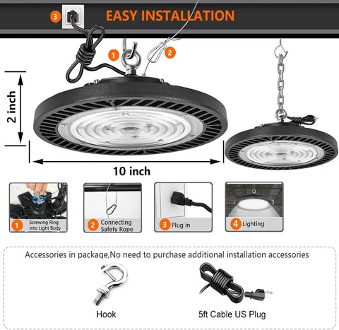 UFO LED High Bay Light 8 Pack 300W 30000 Lumens 6000K Daylight installation guide with US plug cable and accessories.