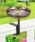 Badass Deck Mounted Metal Bird Bath For Your Backyard Folks With Detachable 12 Inch Birdbath Bowl And No Sweat Adjustable Railing Clamp For Rustproof Outdoors with birds bathing.